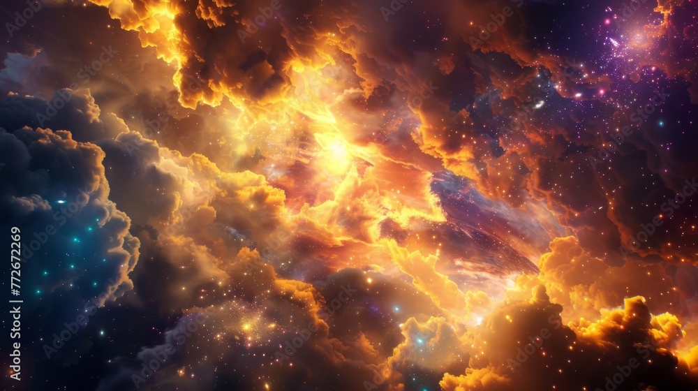 Poster the universe is ablaze with a cosmic fireworks show as colorful explosions and shimmering dust cloud