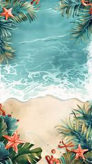 sea surf vertical background with starfish and tropical plants with copy space. summer concept