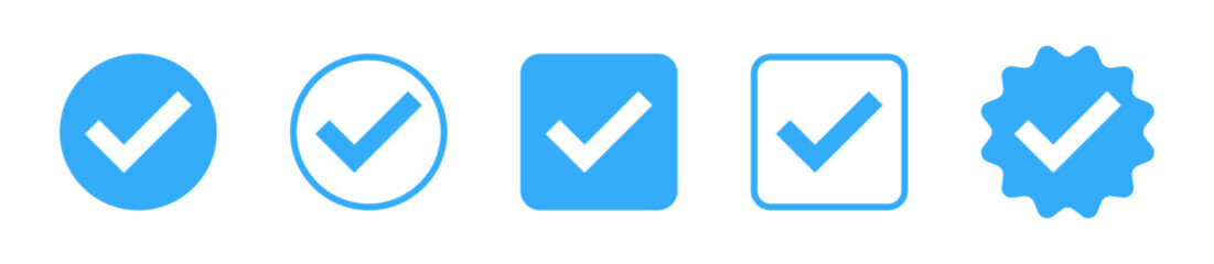 Verified badge icon tick symbol vector approved check mark icon. Blue checkmark icons - Certificate badge Quality certify icon - obrazy, fototapety, plakaty