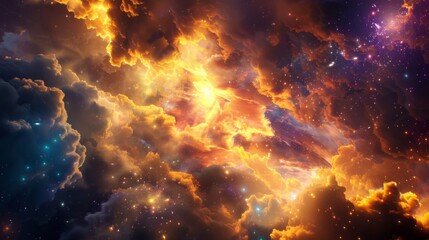 The universe is ablaze with a cosmic fireworks show as colorful explosions and shimmering dust clouds light up the sky. - obrazy, fototapety, plakaty