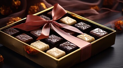 Obraz na płótnie Canvas set of luxury handmade chocolates in gift box decorated with gold silk ribbon on black background