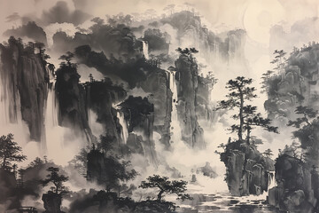 Digital painting of Japanese/Chinese landscapes. Eastern traditional culture.