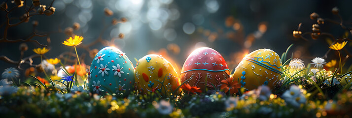 Colorful Easter eggs and fairy nature background for Easter day Celebration design 