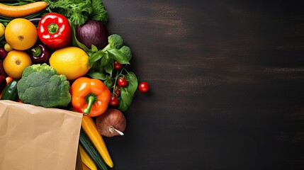 Top view of fresh vegetables and fruit in paper bag on dark background