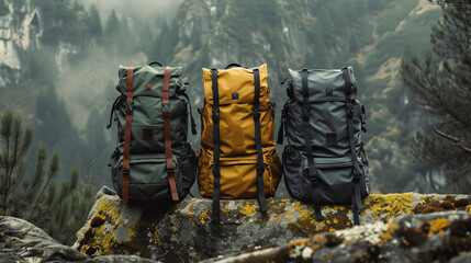 Three rugged backpacks in various colors are perched on a mountain rock, each with distinct blank label designs - obrazy, fototapety, plakaty