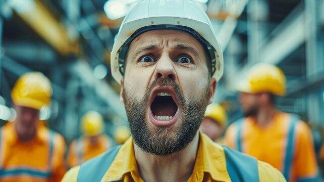 Startled worker with team in industrial plant - Astonished man in safety gear with a team of workers behind in a manufacturing setting