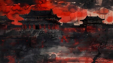 Red ink museum illustration poster background