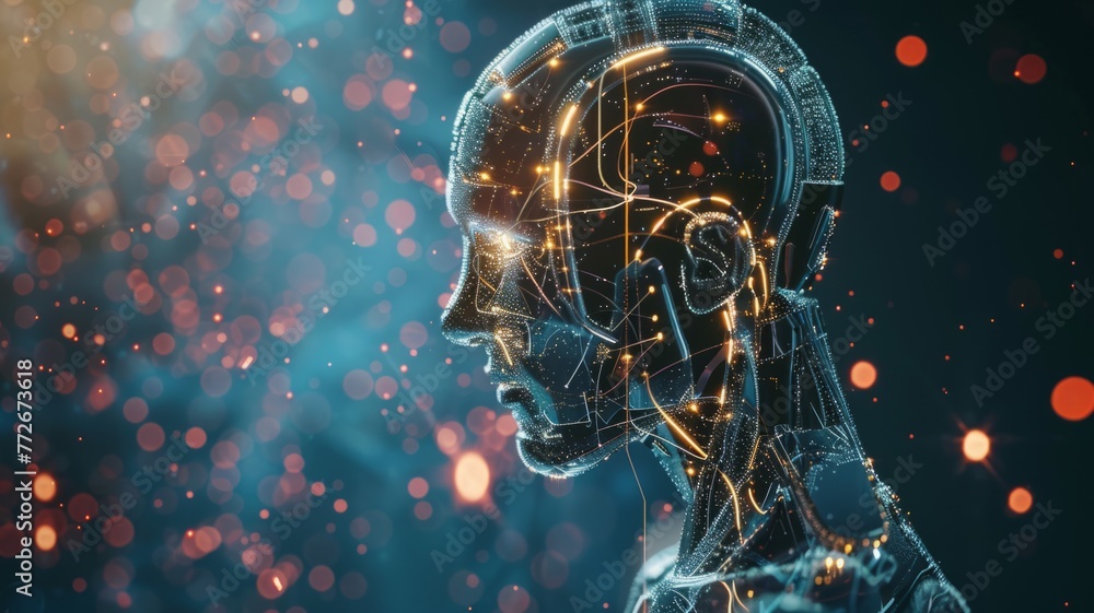 Poster transparent robotic head with glowing circuits - a see-through robotic head illuminated by glowing c