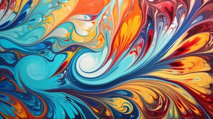 Vibrant abstract fluid art painting - Swirling colors of blue, orange, and red blend in a mesmerizing abstract fluid art piece with an energetic feel