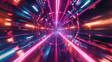 Obraz premium Vivid pink and blue light speed tunnel - Intense light tunnel with pink and blue streaks depicts high velocity and the concept of rapid digital data transmission
