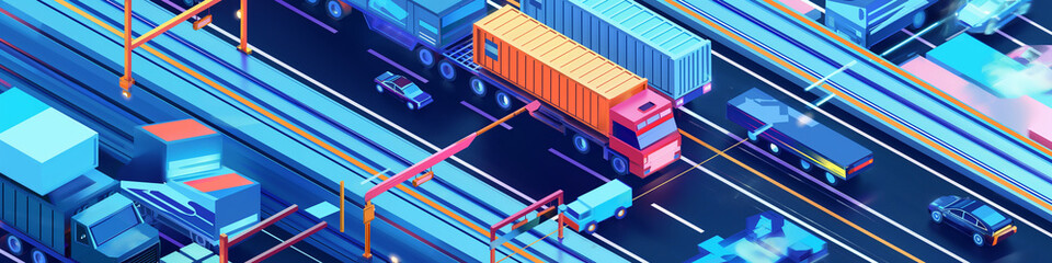illustration of Logistics and transportation, Integrated warehousing and transportation operation service. Network distribution of Container Cargo, Smart logistics and future of transport on global ne - obrazy, fototapety, plakaty