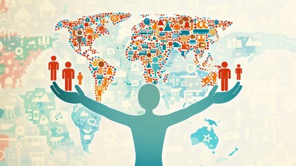 World map with human activity and connectivity icons - Illustration of a global map created by various people, activity, and connectivity symbols depicting globalization - obrazy, fototapety, plakaty