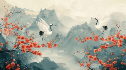 Japanese white cranes with red flowers - obrazy, fototapety, plakaty