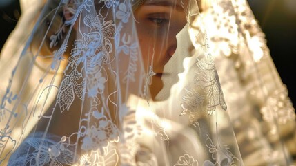 A delicate lace veil, its intricate patterns shimmering in the sunlight, casting dappled shadows on a blushing bride's face.