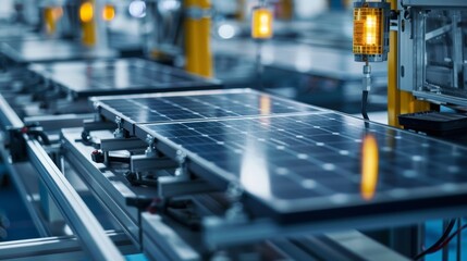 An advanced solar panel assembly line with machines seamlessly integrating different components to produce a fullyfunctional and durable . .