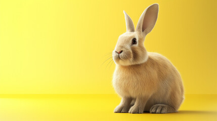 realistic brown rabbit on yellow wall background