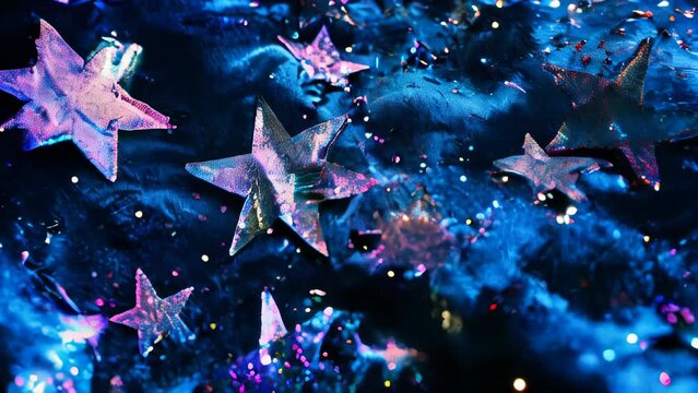 Glowing blue and purple stars float against a deep blue background. The stars vary in size and shape, emitting sparkling light. 