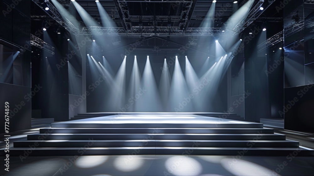 Poster the minimalist design of this high fashion runway podium is elevated by the use of reflective surfac