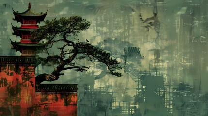 Chinese architecture green tree illustration background poster