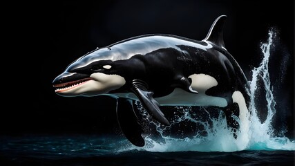Orca whale leaping from the ocean - a killer whale possessing extraordinary strength and speed - solitary against a dark backdrop