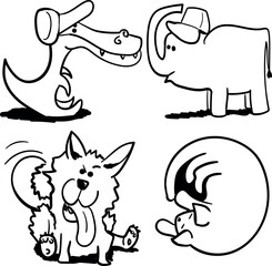 Cartoon cute animals. Among them there is a crocodile, an elephant, a sleeping curled up cat and a cheerful dog.