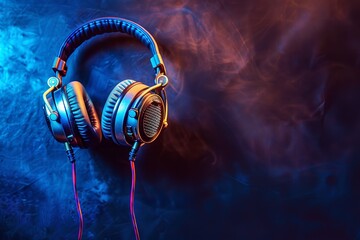Blue headphones with a microphone by Au Concept Vin. Generative Ai