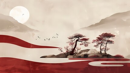 red and light beige minimalist mural of a zen garden illustration background poster