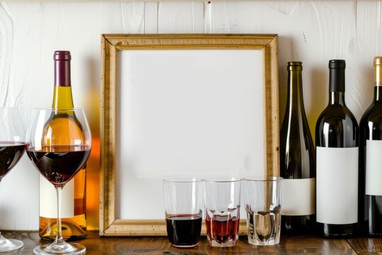 Wine bottles, glasses, and a picture frame on a wooden table