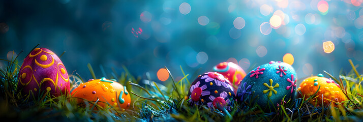 Colorful decorated Easter eggs in the grass on festive celebration background Easter eggs. banner for Easter theme concept ,Easter background with decorated Easter egg background 