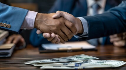 Business Handshake Over Stack of Money - Two professionals making a deal with a handshake over a stack of cash on a table - obrazy, fototapety, plakaty
