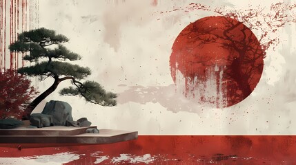 red and light beige minimalist mural of a zen garden illustration background poster