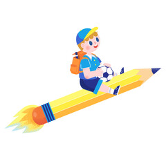Student in uniform sitting on a rocket shape pencil