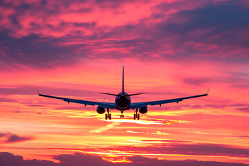 Fototapeta na wymiar Airplane silhouette flying against a vibrant pink and orange sunset sky, preparing for landing. Generative AI