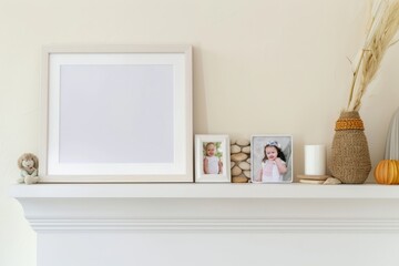 Rectangle wood shelf with picture frame, candle, vase, and pumpkins on it