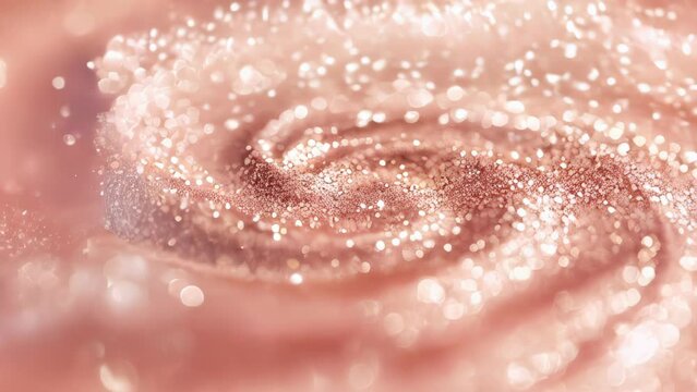 Pink and gold glitter swirls in a soft, blurred background. Sparkling particles reflect light, creating a romantic and dreamy atmosphere. 
