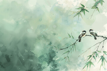 Bamboo and bird. Digital painting of bamboo stems and leaves Chinese/Japanese style