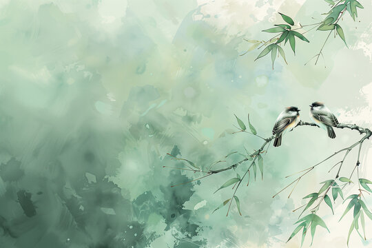 Bamboo and bird. Digital painting of bamboo stems and leaves Chinese/Japanese style