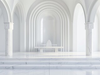 Cathedral altar in clean white marble minimalist arch backdrop focusing spirituality