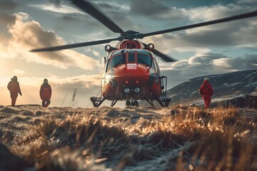 Helicopter Rescue Mission in Rugged Mountain Landscape Amid Dramatic Skies - obrazy, fototapety, plakaty