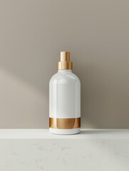 A stylish cosmetic bottle with a copper cap and a blank label placed against a beige background, evoking elegance and simplicity