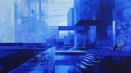 Keuken spatwand met foto Blue black architectural landscape illustration poster background © jinzhen