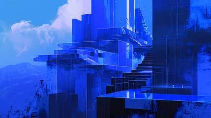 Crédence de cuisine en verre imprimé Bleu foncé Blue black architectural landscape illustration poster background