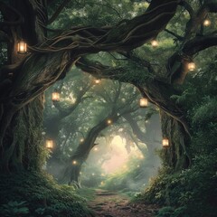 Enchanted Grove Trail: Follow the Magical Enchanted Forest Path, Illuminated by Hanging Lanterns and Bathed in Mystical Sunrays, Embarking on an Adventure Full of Wonder and Discovery