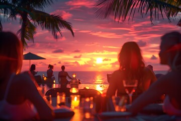 Sunset at the Tropical Resort:Friends Enjoying Cocktails and Nightlife in a Lush,Scenic Setting - obrazy, fototapety, plakaty