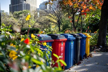 Fototapeta premium Convenient and Accessible Recycling System Integrated into Vibrant Urban Park with Seasonal Foliage