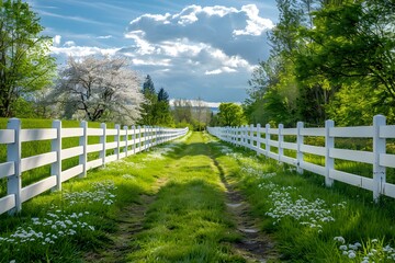 Fototapeta na wymiar Idyllic Spring Landscape with Pristine White Fence Framing Lush Green Gardens and Serene Path