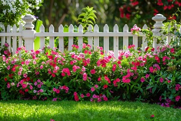 Lush Floral Garden with White Picket Fence and Vibrant Foliage Backdrop Creating Serene and Tranquil Outdoor Retreat