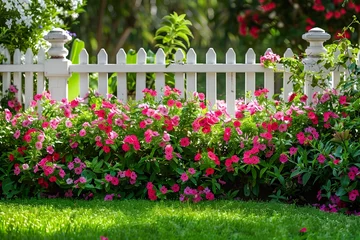 Rolgordijnen Lush Floral Garden with White Picket Fence and Vibrant Foliage Backdrop Creating Serene and Tranquil Outdoor Retreat © TEERAWAT