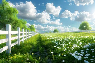 Peaceful Spring Landscape with Vibrant Green Grass and Contrasting White Fence,Inviting Viewers to Immerse in a Serene Pastoral Ambiance