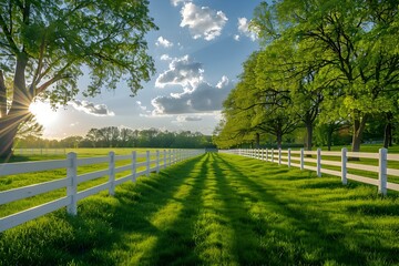 Peaceful Spring Landscape with White Fence and Lush Green Meadow Inviting Viewers to Embrace the Tranquil Ambiance